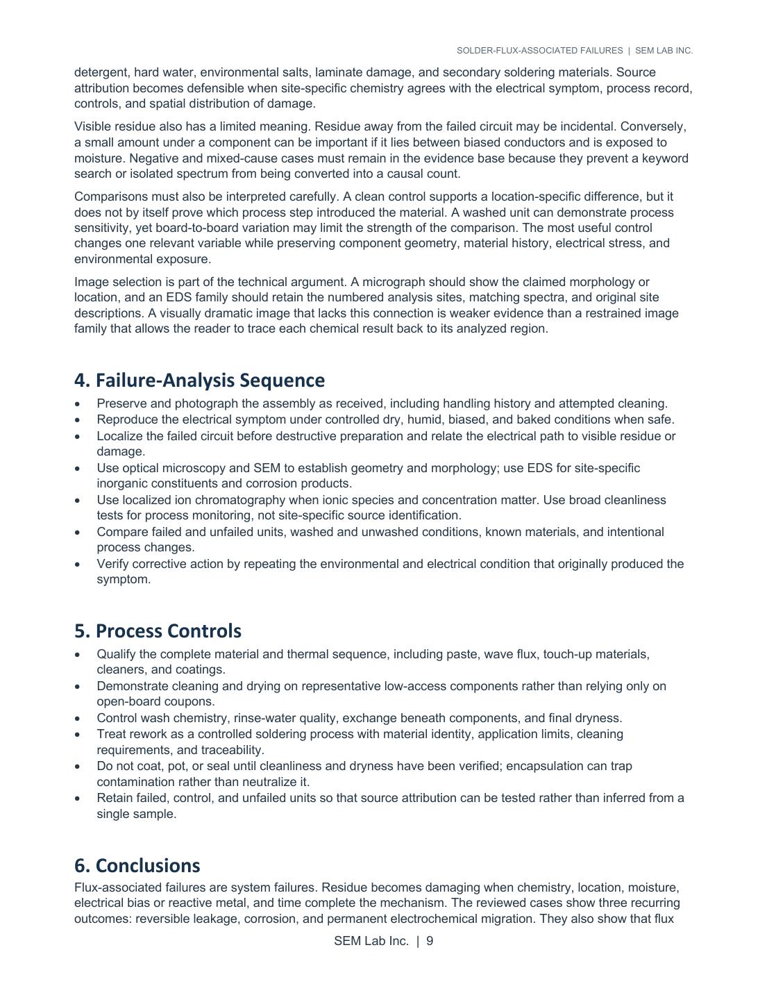 Sample report page explaining evidence limits, the failure-analysis sequence, process controls, and conclusions