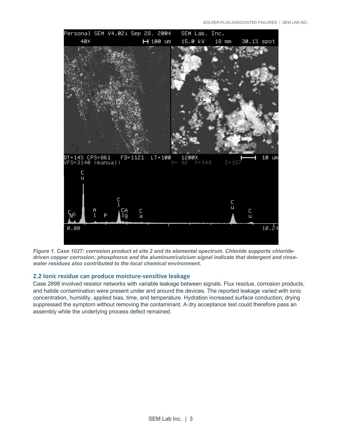 Sample report page with SEM images, an EDS spectrum, a technical caption, and discussion of moisture-sensitive leakage