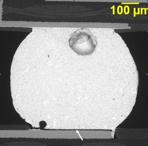 Brittle interfacial fracture of a BGA solder joint.