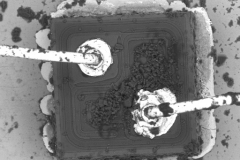 Transistor failure caused by electrical overstress damage across most of the emitter region of the die.