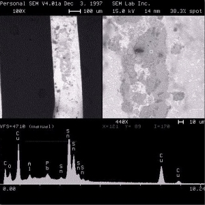 A solderability issue in a flex circuit. Surface shows oxidized intermetallic compound.