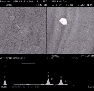 Using SEM analysis to determine that the contaminant on a paper product is potassium chloride.