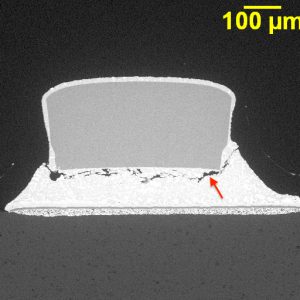 Microsection of a solder joint showing thermal fatigue failure