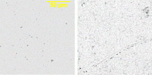 Anomalous conditions associated with suspect board lots. Dark spots are exposed nickel-phosphorous (left) and Grain boundary delineation indicates hyper-etching (right).