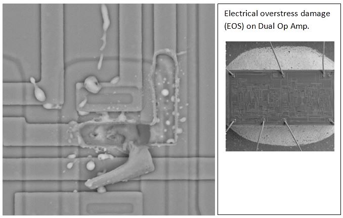 Electrical overstress (EOS) damage on metallization run on Op-Amp IC.